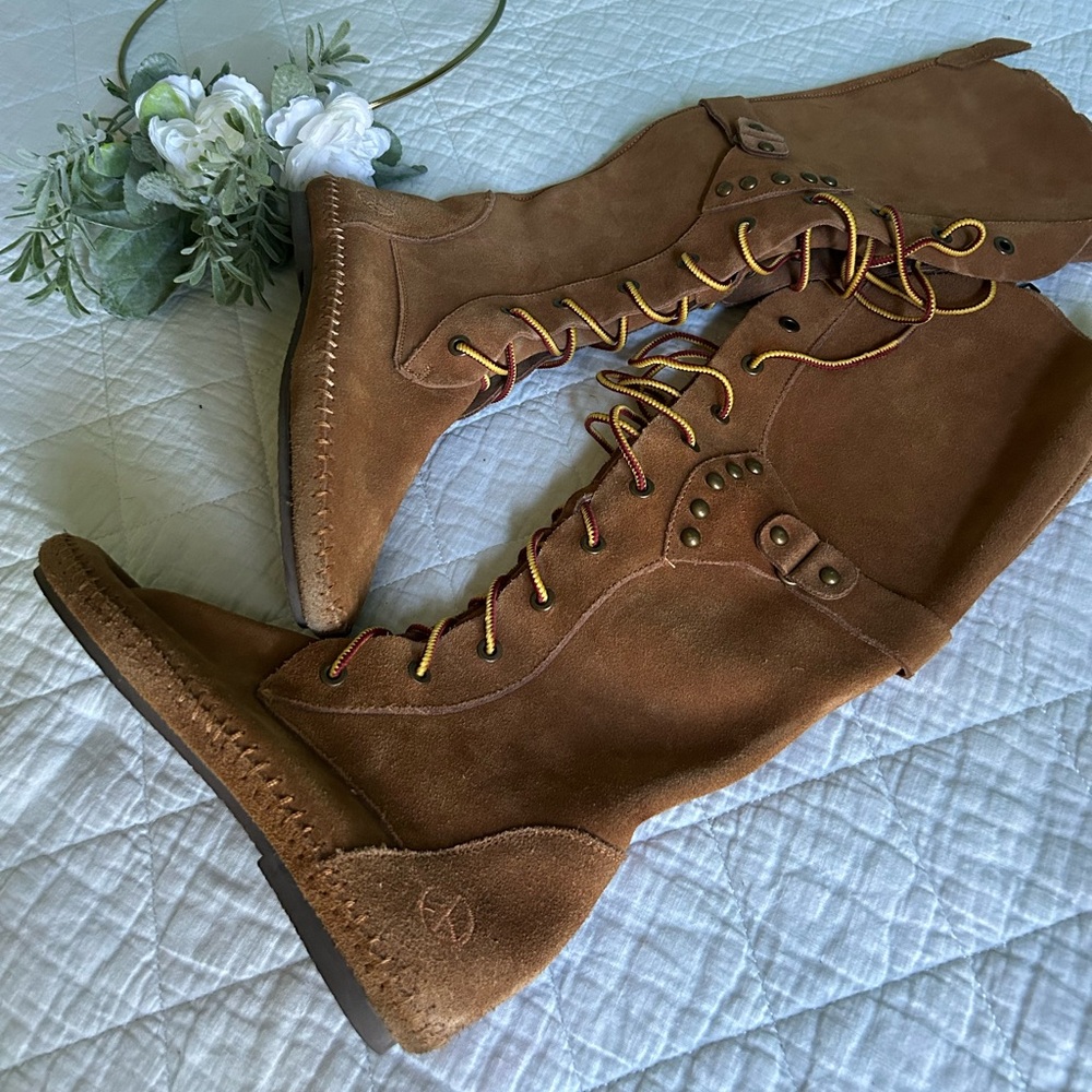 Peace Mocs Lace Up Suede Leather Boho Hippie Tall Moccasin Boots 7 - Picture 2 of 14